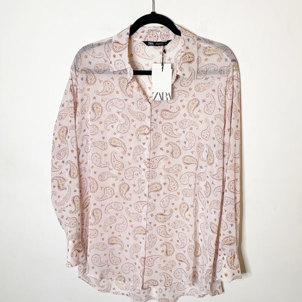 NWT Zara Paisley Sheer Button Down Dress Shirt SZ L